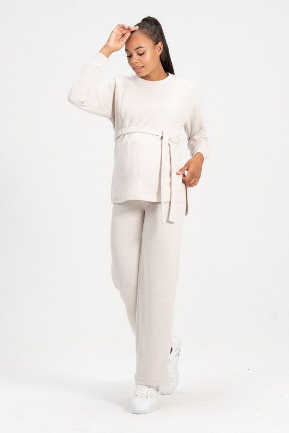 BUSA Maternity Nursing Detailed High Waist Wide Leg Soft Textured Knit Set Cream