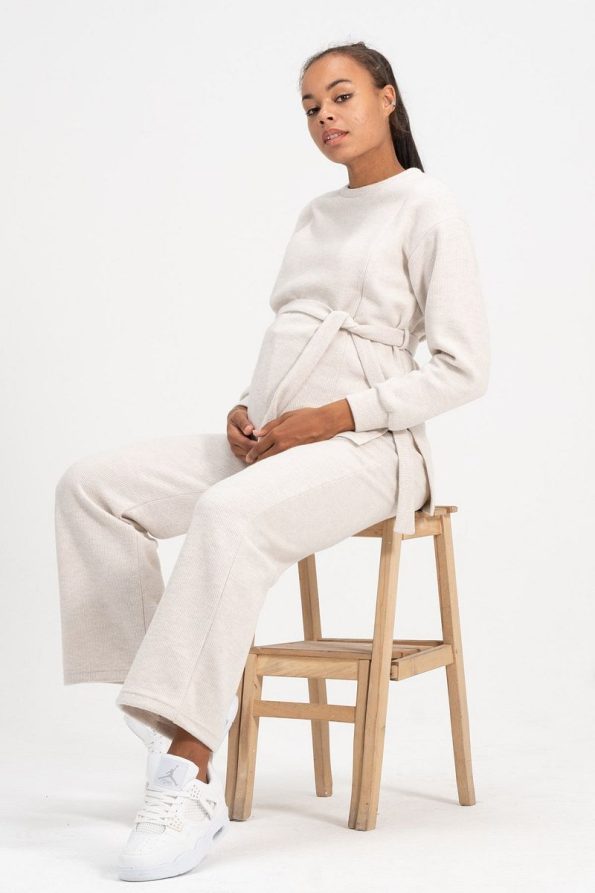 BUSA Maternity Nursing Detailed High Waist Wide Leg Soft Textured Knit Set Cream