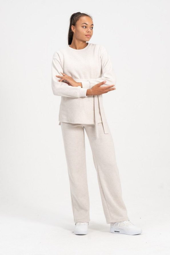 BUSA Maternity Nursing Detailed High Waist Wide Leg Soft Textured Knit Set Cream