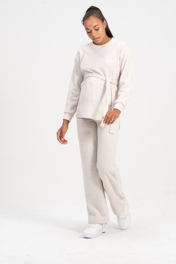 BUSA Maternity Nursing Detailed High Waist Wide Leg Soft Textured Knit Set Cream