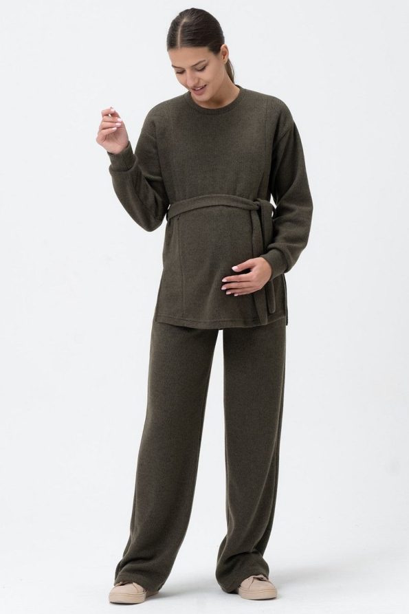 BUSA High-Waisted Soft Knit Set for Nursing Mothers in Khaki