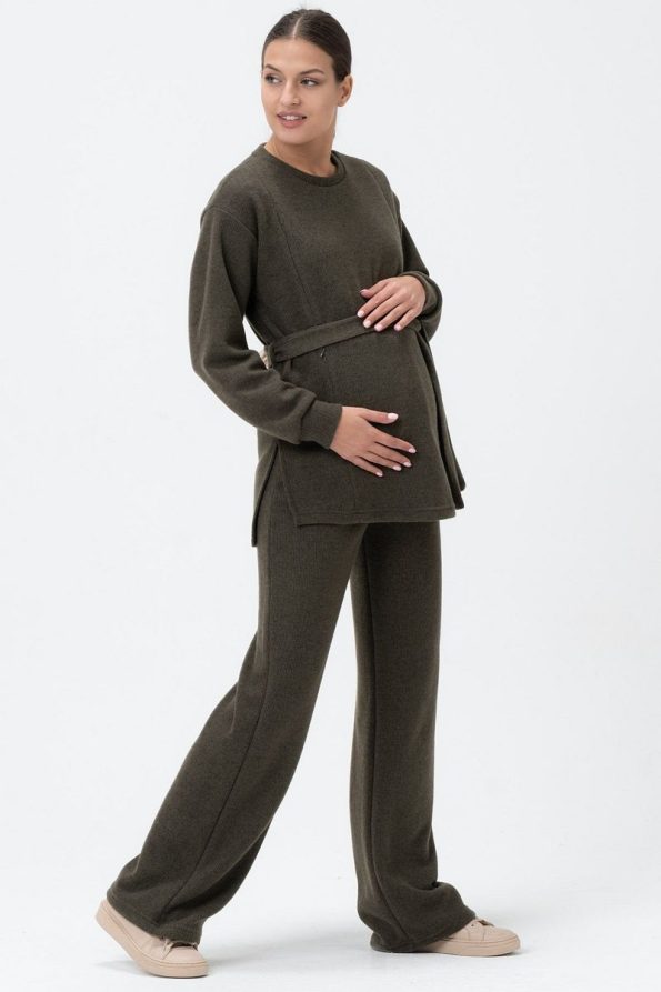 BUSA High-Waisted Soft Knit Set for Nursing Mothers in Khaki