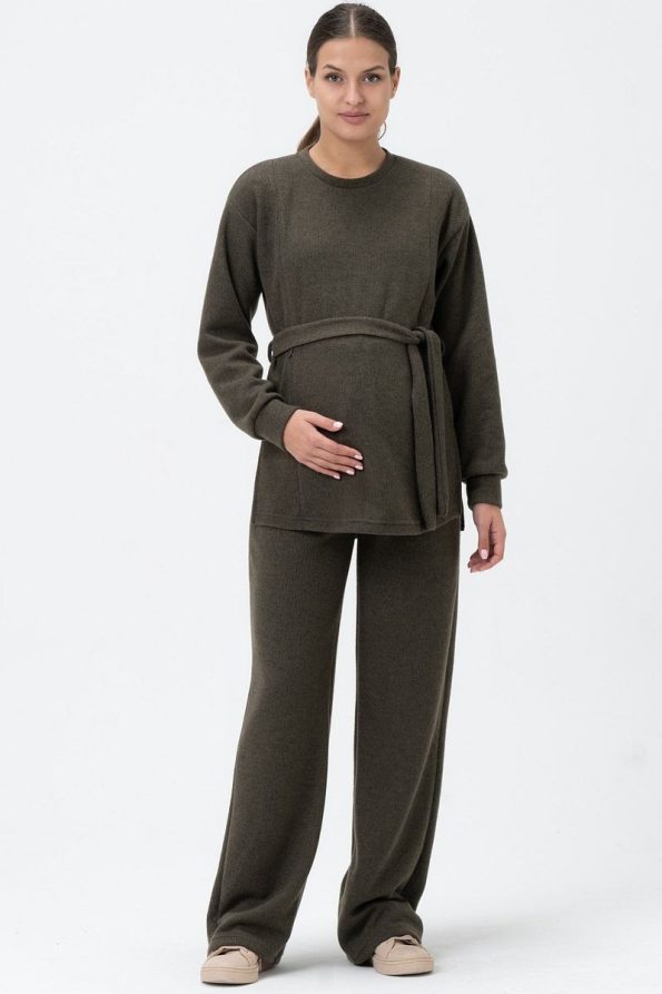 BUSA High-Waisted Soft Knit Set for Nursing Mothers in Khaki