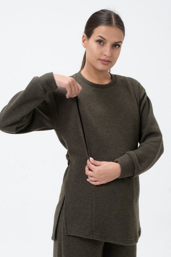 BUSA High-Waisted Soft Knit Set for Nursing Mothers in Khaki