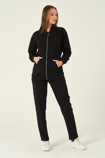 BUSA Maternity Zip-Up Hooded High Waist Adjustable Sweatpants Set Black