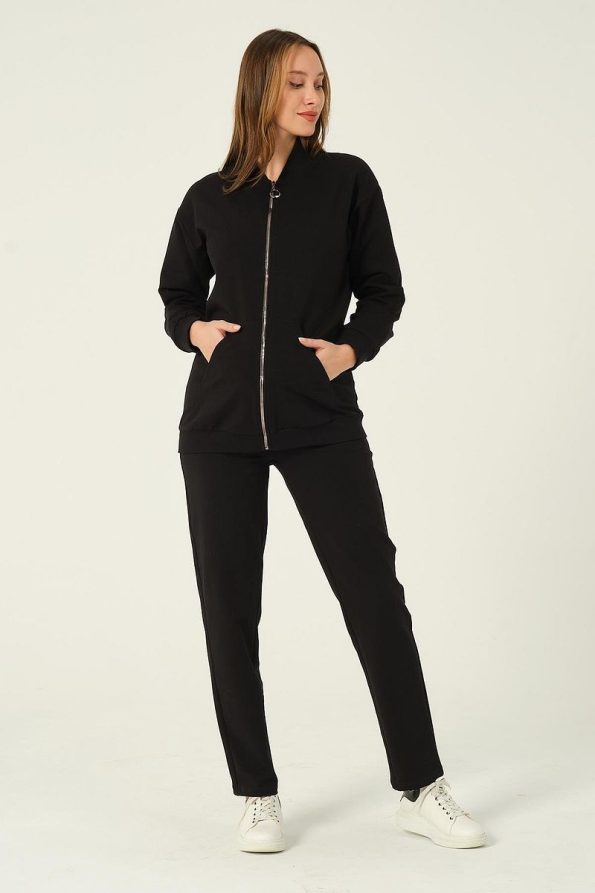 BUSA Maternity Zip-Up Hooded High Waist Adjustable Sweatpants Set Black
