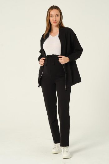 BUSA Maternity Zip-Up Hooded High Waist Adjustable Sweatpants Set Black