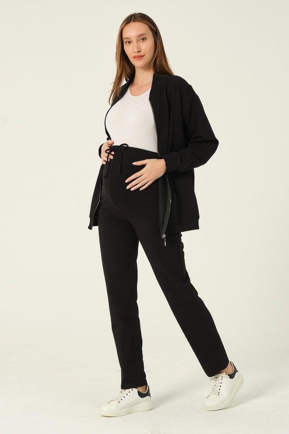 BUSA Maternity Zip-Up Hooded High Waist Adjustable Sweatpants Set Black