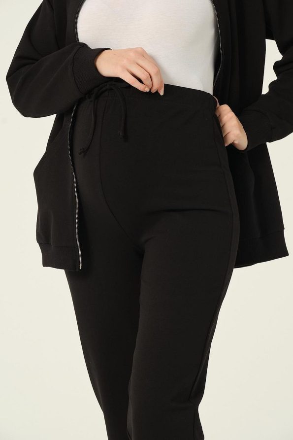 BUSA Maternity Zip-Up Hooded High Waist Adjustable Sweatpants Set Black