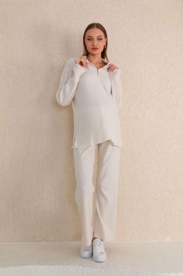 Miss World Lissa Cream Zip-Front Soft Fabric Maternity and Postpartum Tracksuit Set