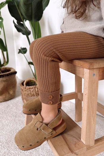 Monila Knitted Fabric Ribbed Button Detail Double Leg Unisex Kids Leggings