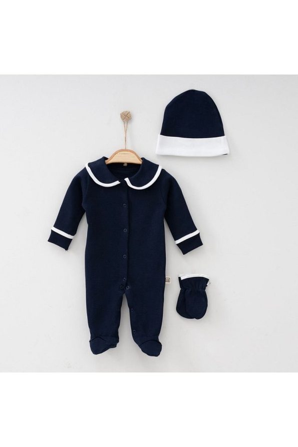 Minimus Newborn Baby Boys' Cotton Bodysuit Set with Gloves and Hat in Navy