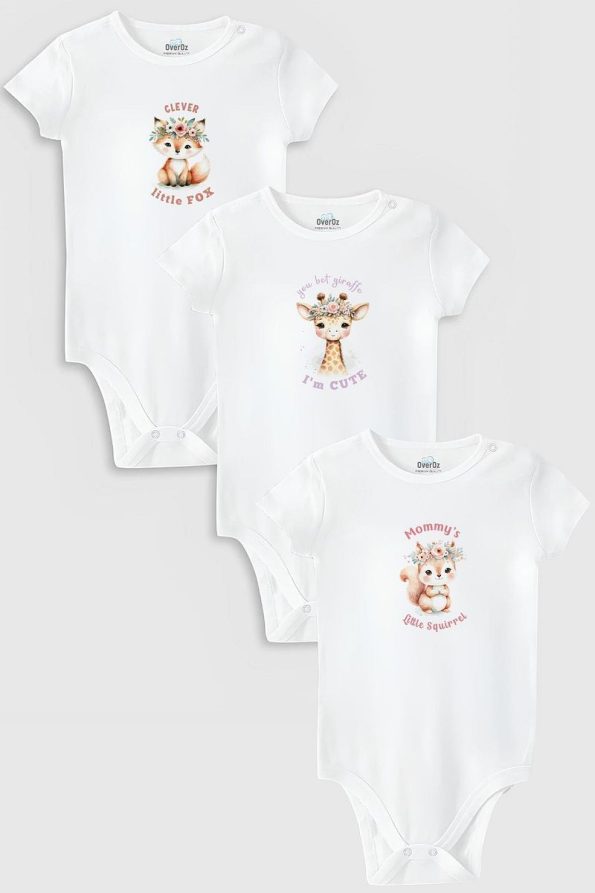 Organic 100% Cotton Cute Animal Print 3-Piece Baby Bodysuit Set