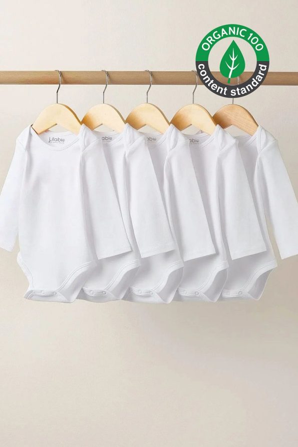 Lilabio 100% Organic Cotton 5-Pack White Long Sleeve Baby Bodysuits