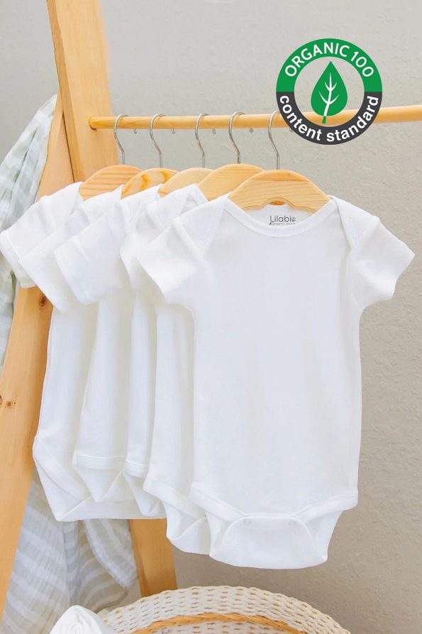 Lilabio 100% Organic Cotton 5-Pack White Short Sleeve Baby Bodysuits