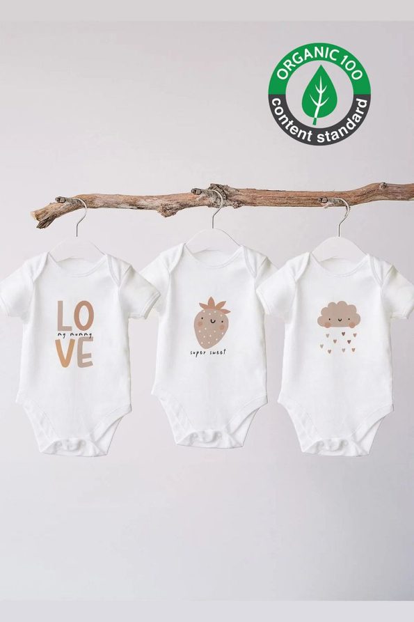 Lilabio 100% Organic Cotton 3-Pack Printed Short Sleeve Baby Bodysuit Love