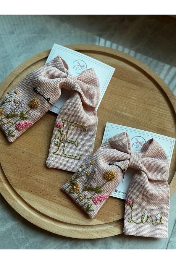 Eli Baby Handmade Powder Pink Flower Embroidered Bow Hair Clip