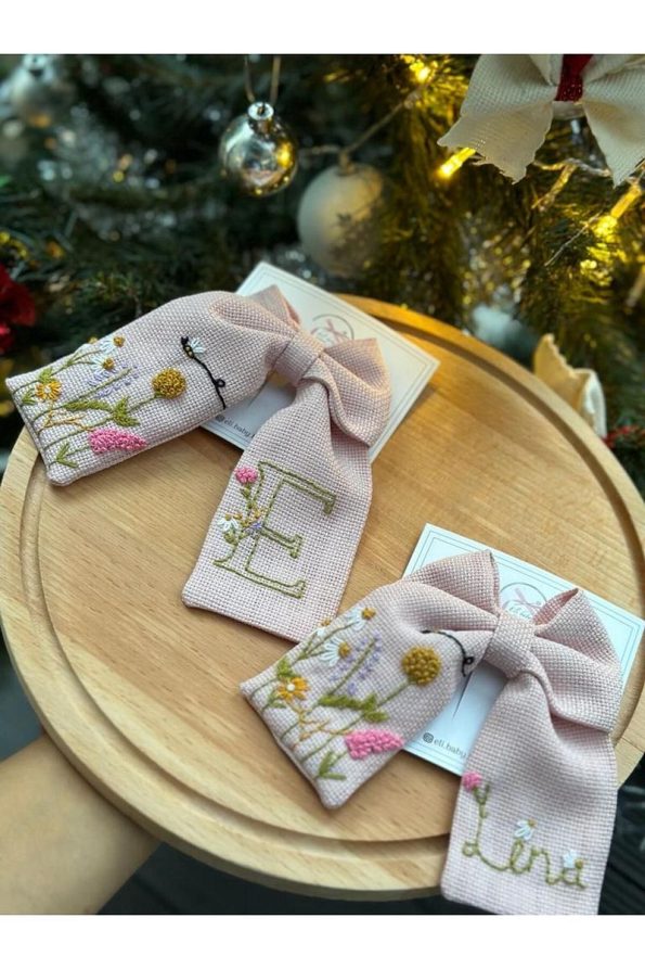 Eli Baby Handmade Powder Pink Flower Embroidered Bow Hair Clip