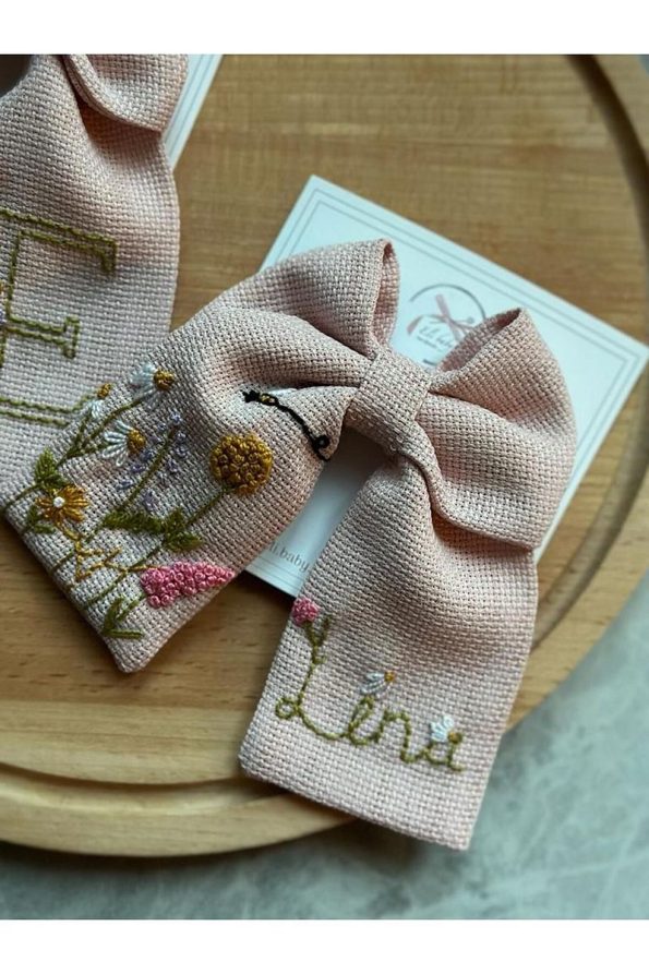 Eli Baby Handmade Powder Pink Flower Embroidered Bow Hair Clip