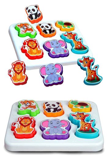 Fun Educational Geometry Shapes Design Tower with Cheerful Animals