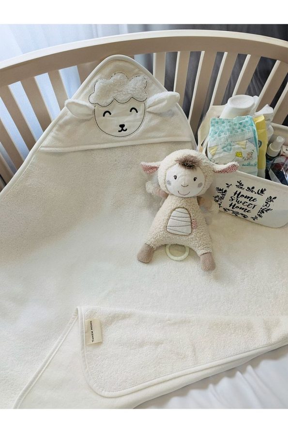 Tanem Home 100% Cotton Cream Lamb Print Embroidered Baby Towel Wrap 75x75cm