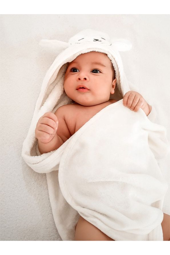 Tanem Home 100% Cotton Cream Lamb Print Embroidered Baby Towel Wrap 75x75cm
