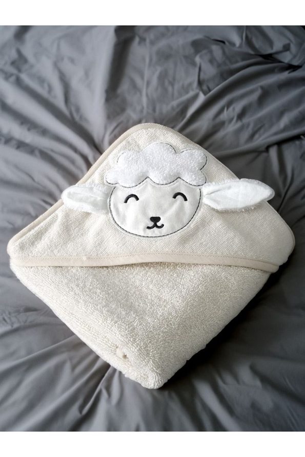 Tanem Home 100% Cotton Cream Lamb Print Embroidered Baby Towel Wrap 75x75cm
