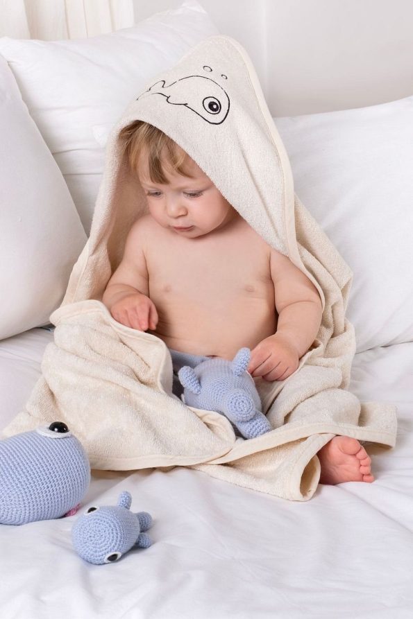EIFIN Bamboo Fish Embroidered Baby Towel Swaddle and Pouch Set