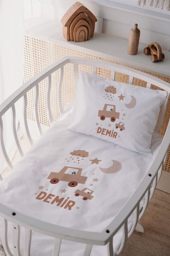 Lilabio 100% Cotton Satin Personalized Crib Bedding Set with Car Design