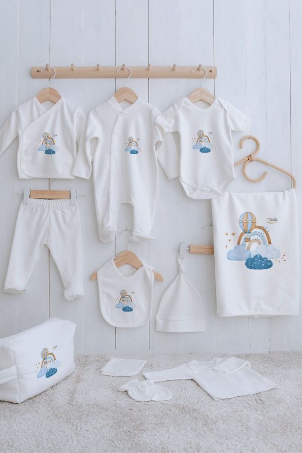 Tuğba Swan Organic 11-Piece Hospital Set - For Baby - Blue Clouds and Balloons