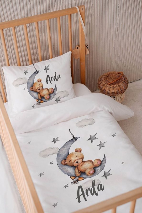 Lilabio 100% Cotton Satin Personalized Baby Crib Bedding Set Bear