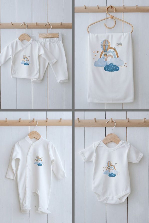 Tuğba Swan Organic 11-Piece Hospital Set - For Baby - Blue Clouds and Balloons