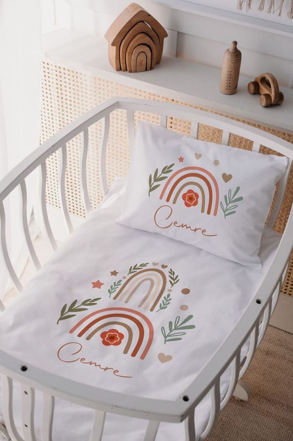 Lilabio 100% Cotton Satin Personalized Crib Bedding Set Rainbow