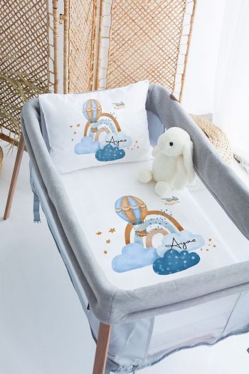 Lilabio 100% Cotton Satin Personalized Crib Bedding Set with Balloon Clouds
