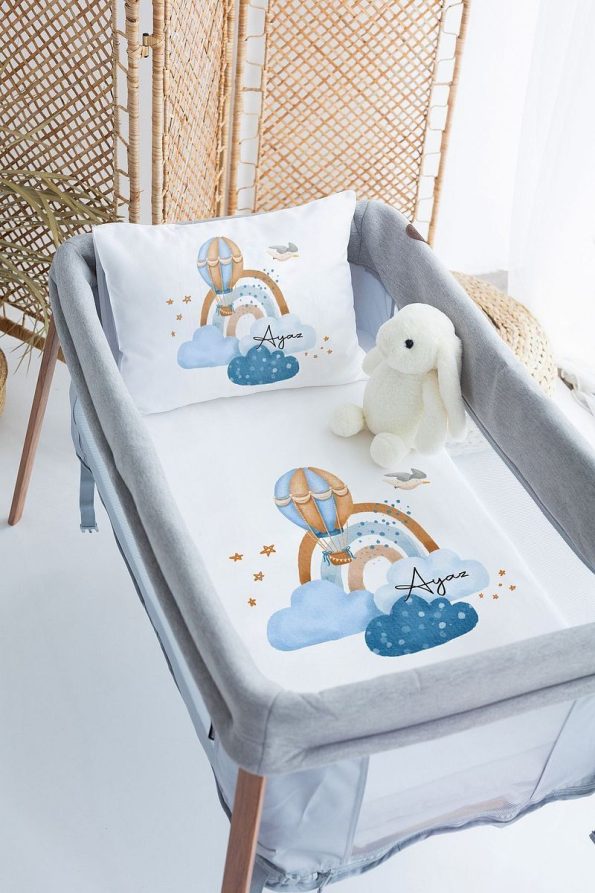 Lilabio 100% Cotton Satin Personalized Crib Bedding Set with Balloon Clouds