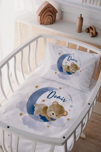 Lilabio 100% Cotton Satin Personalized Crib Bedding Set with Bear