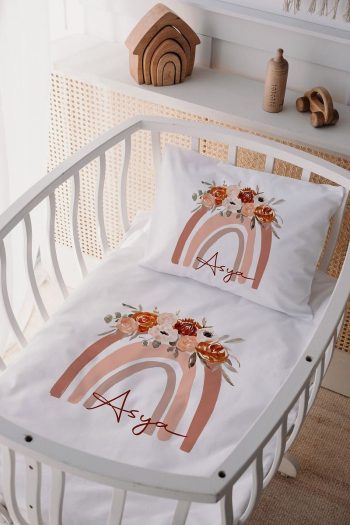 Lilabio 100% Cotton Satin Personalized Cradle Bedding Set Rainbow
