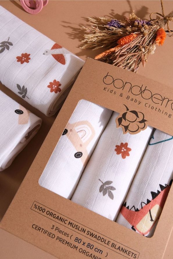 Bondberro Multi-Purpose Muslin Cloth & Blanket 3-Piece Set 100% Cotton Oeko-Tex Certified 80x80 Cm
