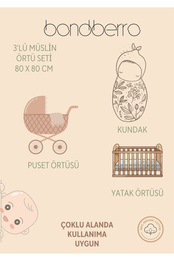 Bondberro Multi-Purpose Muslin Cloth & Blanket 3-Piece Set 100% Cotton Oeko-Tex Certified 80x80 Cm