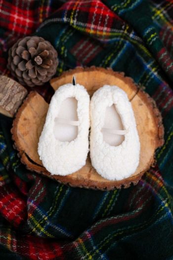 First Step Faux Wool Plush Cream Slippers and Baby Booties