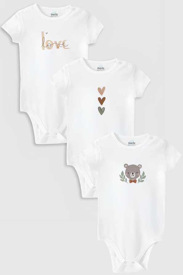 Overoz Organic 100% Cotton Love 3-Piece Baby Bodysuit Set