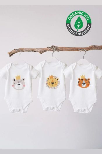 Lilabio 100% Organic Cotton 3-Pack Short Sleeve Baby Bodysuit Tiger
