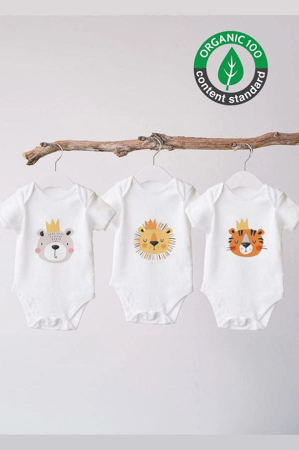 Lilabio 100% Organic Cotton 3-Pack Short Sleeve Baby Bodysuit Tiger