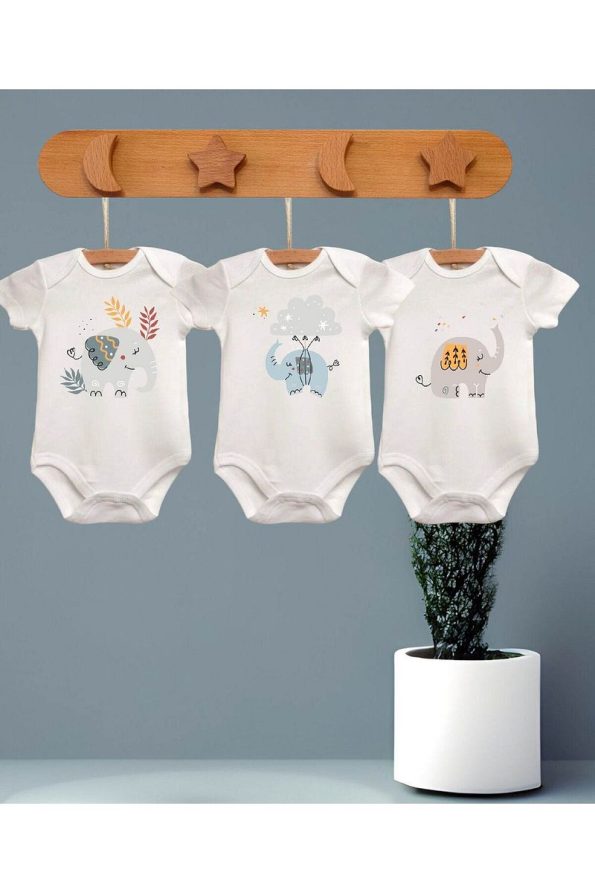 Bebewini 100% Organic Cotton 3-Pack Short Sleeve Bodysuit with Elephant Print