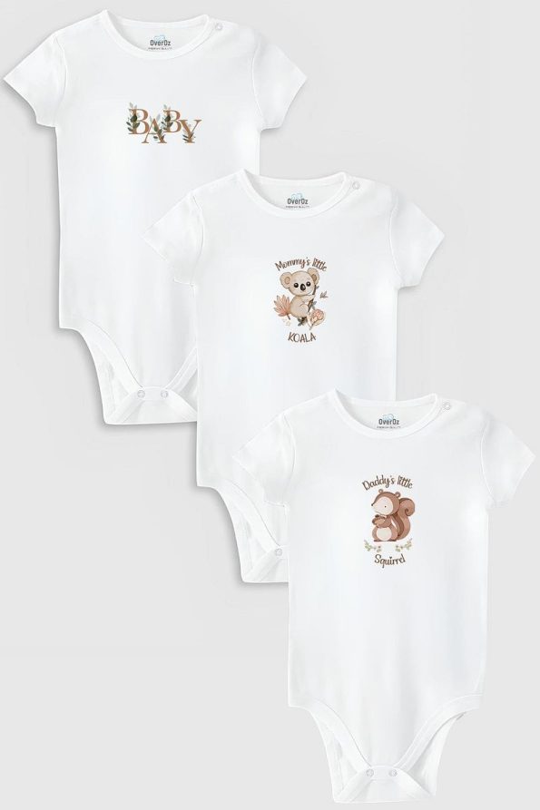 Overoz Organic 100% Cotton Special Design Koala Squirrel Baby 3-Piece Bodysuit Set
