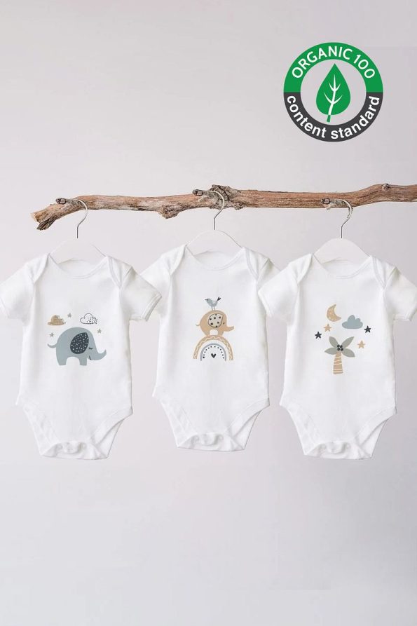 Lilabio 100% Organic Cotton 3-Pack Short Sleeve Baby Bodysuit Elephant