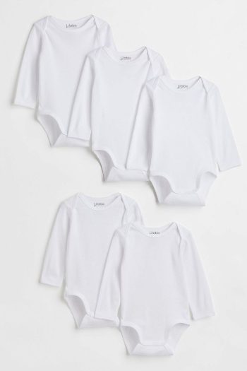 Lilabio 100% Organic Cotton 5-Pack White Long Sleeve Baby Bodysuits