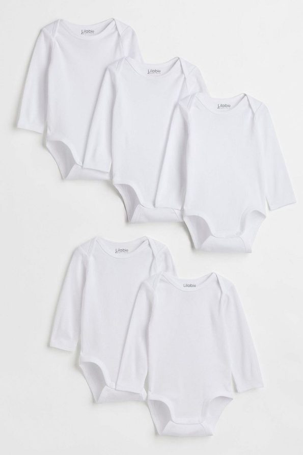 Lilabio 100% Organic Cotton 5-Pack White Long Sleeve Baby Bodysuits