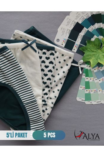ALYA UNDERWEAR Girls' Cotton Printed Briefs 5-Pack Green Variant