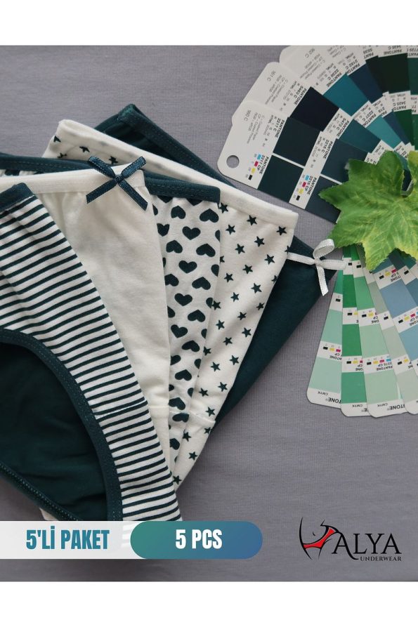 ALYA UNDERWEAR Girls' Cotton Printed Briefs 5-Pack Green Variant